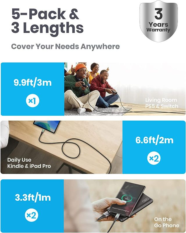 Photo 2 of INIU USB C Cable, [5 Pack 3.1A] QC Fast Charging USB Type C Cable, Nylon(3.3+3.3+6.6+6.6+10ft) Phone Charger USB A to USB C Cable for Samsung Galaxy S21 S20 S10 Plus Note 10 LG Google Pixel OnePlus