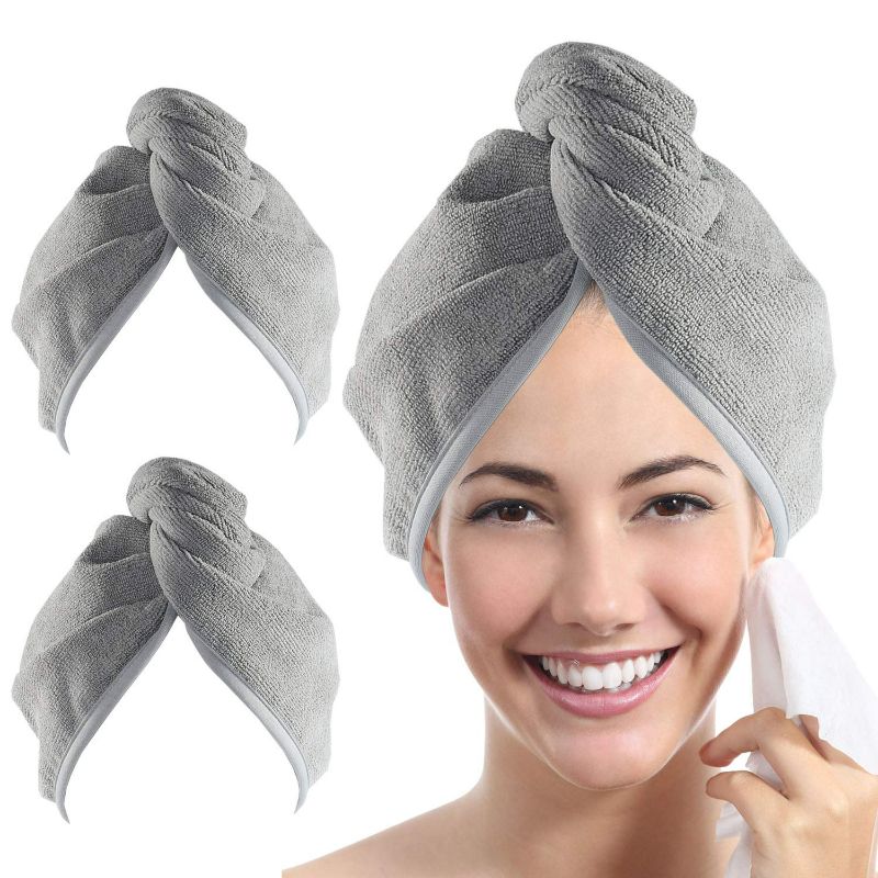 Photo 1 of YoulerTex Microfiber Hair Towel Wrap for Women, 2 Pack 10 inch X 26 inch Super Absorbent Quick Dry Hair Turban for Drying Curly Long Thick Hair (Gray)