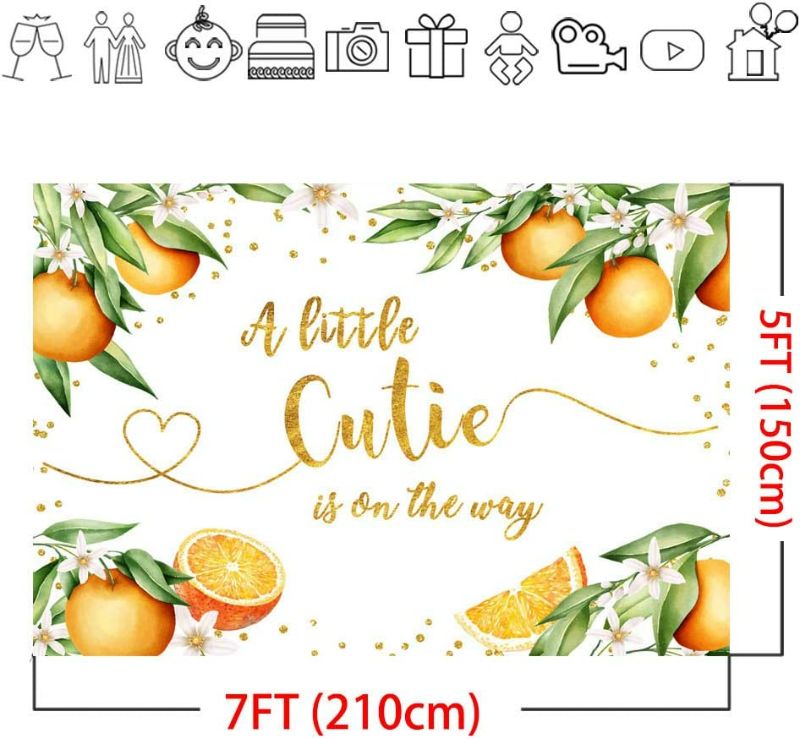 Photo 2 of Mocsicka Orange Baby Shower Backdrop A Little Cutie is on The Way Citrus Party Photo Backdrops Tangerine Baby Shower Photography Background (7x5ft)