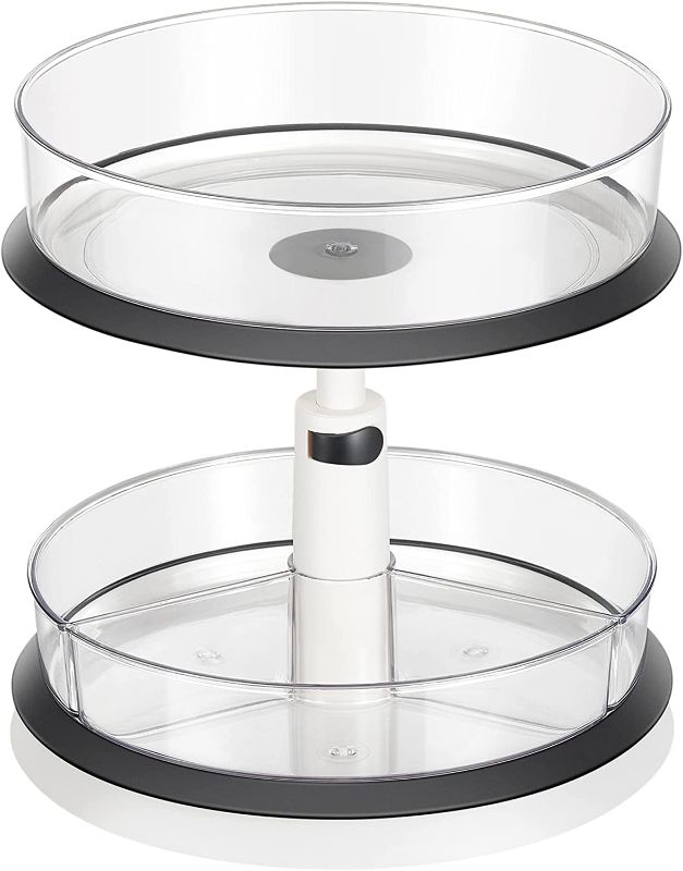 Photo 1 of 2 Tier Lazy Susan Turntable - Height Adjustable Cabinet Organizer with Clear Removable Bins - 11 Inch Spice Rack Organizer for Kitchen Cabinet, Countertop, Pantry