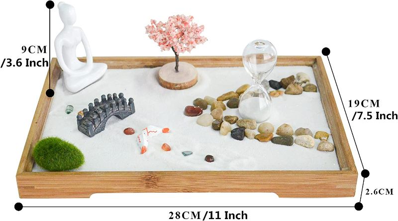 Photo 2 of Japanese Zen Garden kit for Desk, Buddha Zen Garden Statue Decor, Mini Tabletop Meditation Zen Garden Gift Set with Sand Zen Accessories and Rake Tools for Home Office Desktop Sandbox Decor