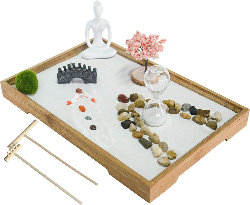 Photo 1 of Japanese Zen Garden kit for Desk, Buddha Zen Garden Statue Decor, Mini Tabletop Meditation Zen Garden Gift Set with Sand Zen Accessories and Rake Tools for Home Office Desktop Sandbox Decor