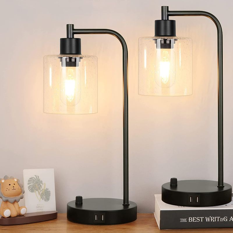 Photo 1 of Set of 2 Industrial Table Lamps with 2 USB Port, Fully Stepless Dimmable Lamps for bedrooms, Bedside Nightstand Desk Lamps with Seeded Glass Shade for Reading Living Room Office 2 LED Bulb Included