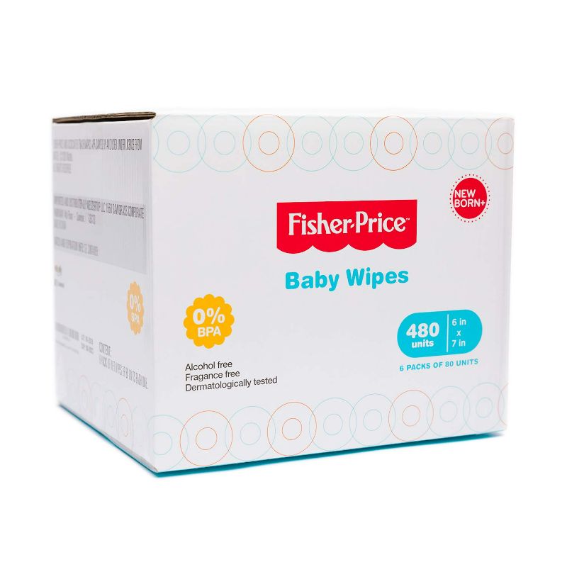 Photo 2 of Fisher Price Baby Wipes Unscented, Hypoallergenic, Water Baby Diaper Wipes for Newborn and Sensitive Skin - Resealable Top - 80 Count (Pack of 6) - 480 wipes