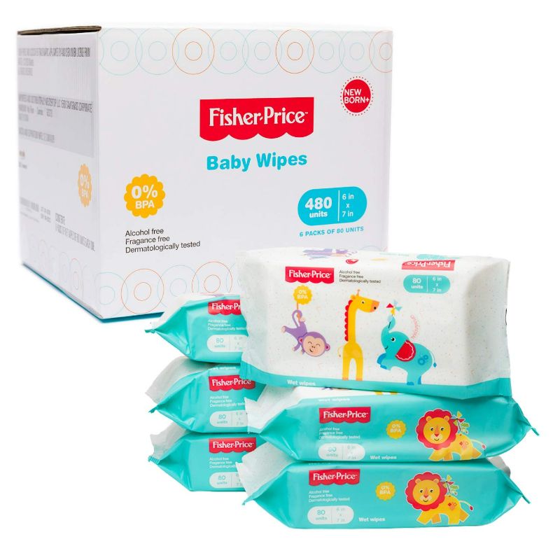 Photo 1 of Fisher Price Baby Wipes Unscented, Hypoallergenic, Water Baby Diaper Wipes for Newborn and Sensitive Skin - Resealable Top - 80 Count (Pack of 6) - 480 wipes