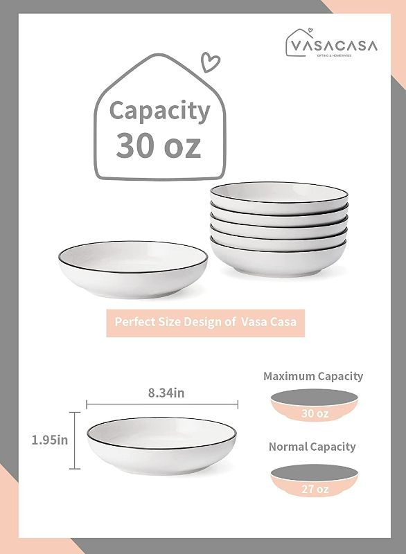 Photo 2 of Vasa Casa Pasta Bowls, 30 Ounce White Ceramic Pasta Plates, Large Salad Serving Bowls Set, Wide and Shallow Design, Microwave and Dishwasher Safe, Set of 6