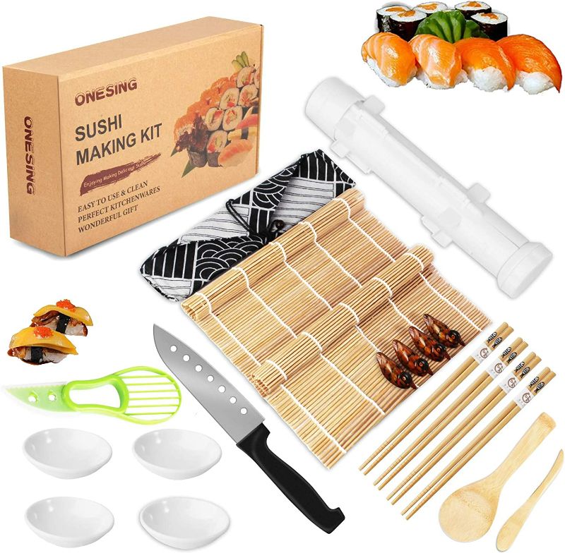 Photo 1 of ONESING 24 Pcs Sushi Making Kit Sushi Roller Bamboo Sushi Rolling Mat Sushi Maker with Sushi Bazooka Avocado Slicer Bamboo Chopsticks Bamboo Sushi Mats Chopsticks Holder for DIY All In One Sushi Kit