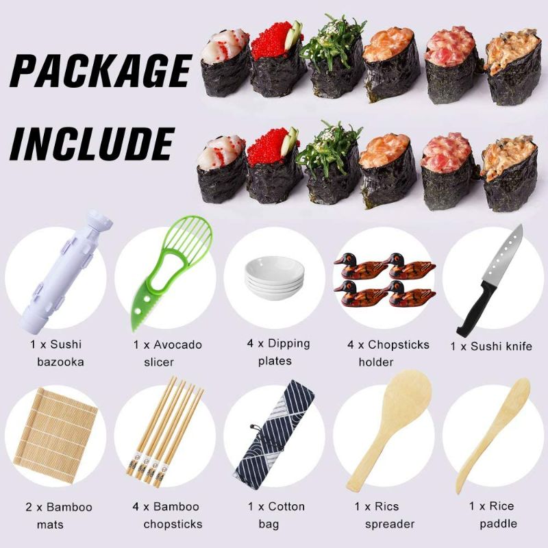 Photo 2 of ONESING 24 Pcs Sushi Making Kit Sushi Roller Bamboo Sushi Rolling Mat Sushi Maker with Sushi Bazooka Avocado Slicer Bamboo Chopsticks Bamboo Sushi Mats Chopsticks Holder for DIY All In One Sushi Kit