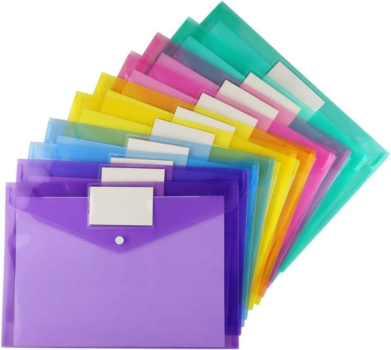 Photo 2 of (2 packs) Sooez 10 Pack Plastic Envelopes Poly Envelopes, Clear Document Folders US Letter A4 Size File Envelopes with Label Pocket & Snap Button for Home Work Office Organization, 5 Assorted Colors