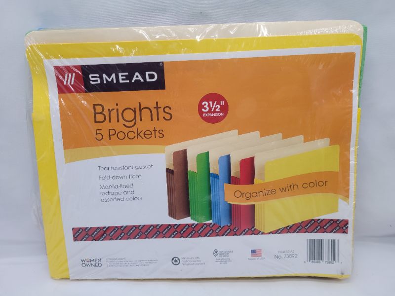 Photo 2 of Smead Top-Tab File Pockets,3-1/2" Exp,11-3/4"x9-1/2",5/PK,Assort.