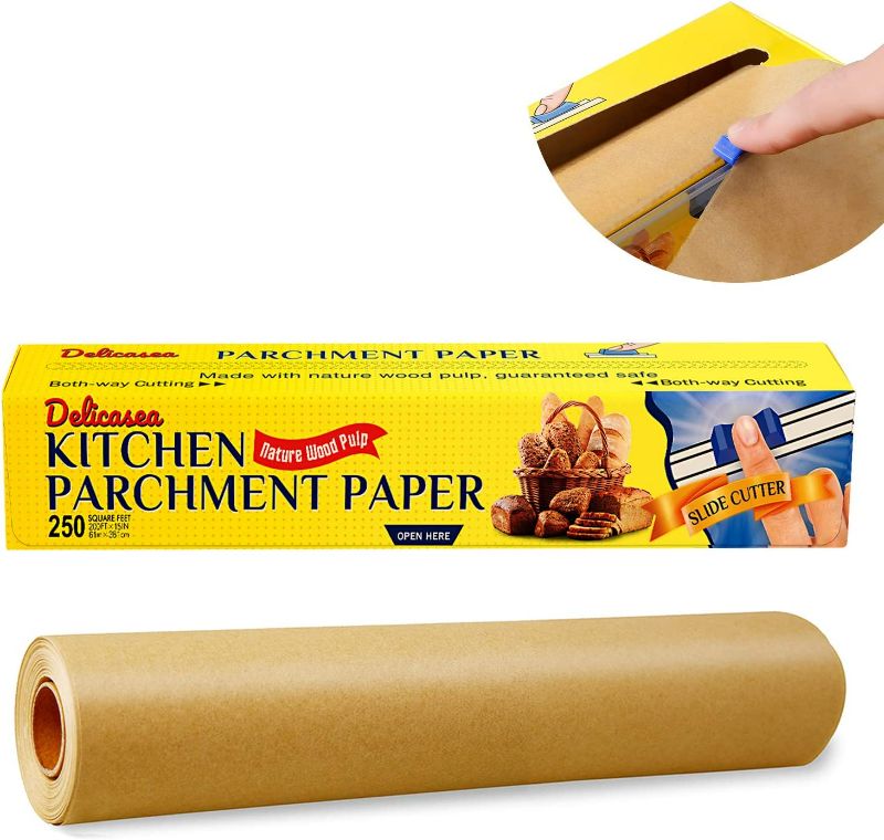 Photo 1 of Delicasea Unbleached Parchment Paper Roll 15 in x 200 ft with Slide Cutter, 250 SQ FT Baking Paper Roll for Cooking, Roasting, Grilling