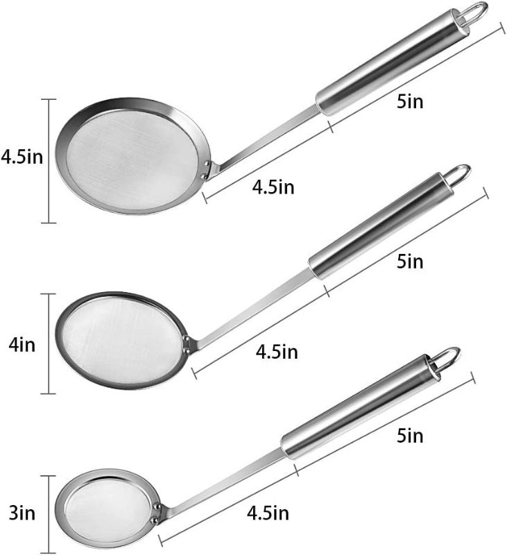 Photo 1 of Picowe 3 Pack Skimmer Spoon Stainless Steel Hot Pot Fat Fine Mesh Skimming Grease and Foam Strainer Oil Filter Cooking Mesh Food Strainer - Length 9.5”, Diameter 3” 4” 4.5”