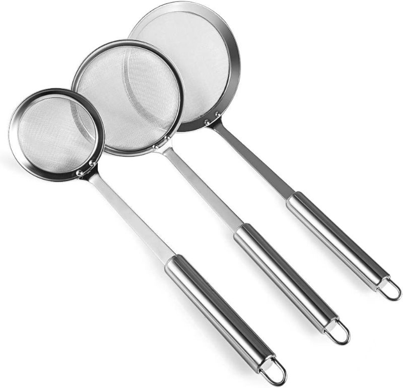 Photo 2 of Picowe 3 Pack Skimmer Spoon Stainless Steel Hot Pot Fat Fine Mesh Skimming Grease and Foam Strainer Oil Filter Cooking Mesh Food Strainer - Length 9.5”, Diameter 3” 4” 4.5”