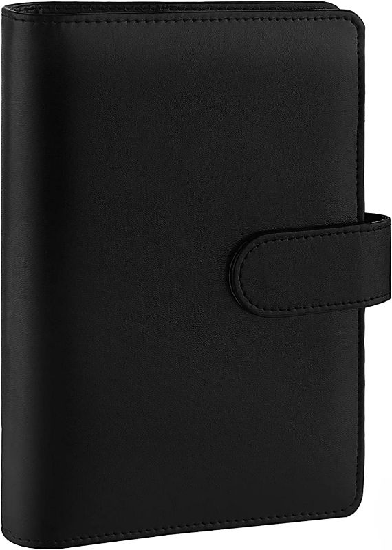 Photo 1 of A6 Binder - Refillable Binder Cover 6 Ring, Mini Binder for A6 Filler Paper, Leather PU Budget Binder Cover, Loose Leaf Personal Notebook Binder Cover with Pen Holder, Snap Button & Pockets - Black