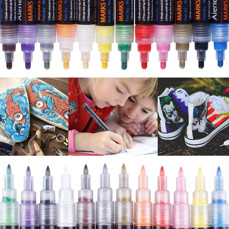 Photo 1 of Acrylic Paint Pens - 24 Pcs Acrylic Paint Markers for Rock Painting, Stone, Ceramic, Glass, Wood, Fabric, Canvas, A set of 12 colors, Each Color Has A Thick & Fine Pen and 3 Different Tip