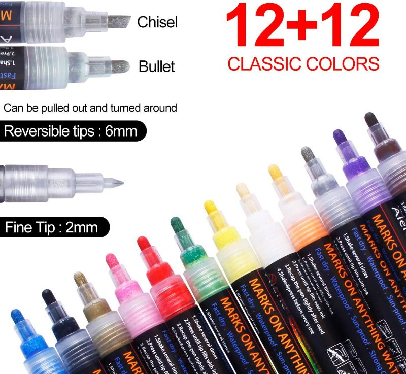 Photo 2 of Acrylic Paint Pens - 24 Pcs Acrylic Paint Markers for Rock Painting, Stone, Ceramic, Glass, Wood, Fabric, Canvas, A set of 12 colors, Each Color Has A Thick & Fine Pen and 3 Different Tip