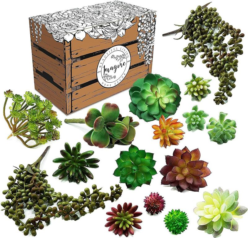 Photo 1 of Succulents Plants Artificial 16 pcs - Faux Fake Unpotted Plants for Home Decorations - Includes String of Pearls Hanging Plant –Great Faux Indoor / Outdoor Greenery Decor in Terrarium, Pots or Shelf