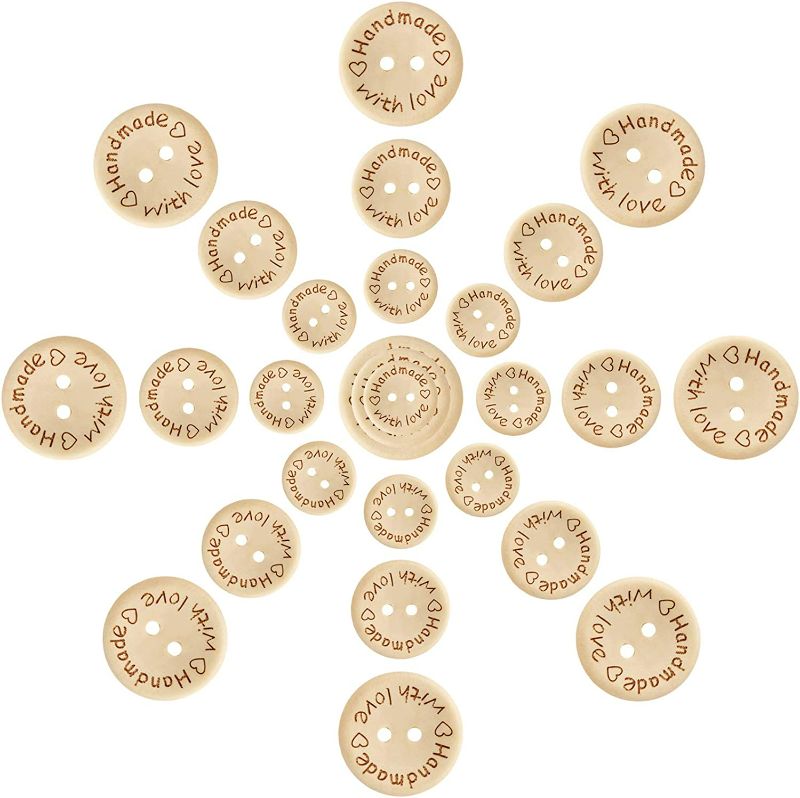 Photo 2 of (3paack) 150pcs Pinowu Wooden Buttons (15-20-25mm) Handmade with Love Round Craft Décor 2 Holes Wood Sewing Buttons for Hat Shirt Clothes Decoration