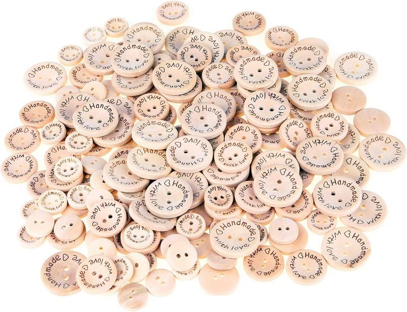Photo 1 of (3paack) 150pcs Pinowu Wooden Buttons (15-20-25mm) Handmade with Love Round Craft Décor 2 Holes Wood Sewing Buttons for Hat Shirt Clothes Decoration