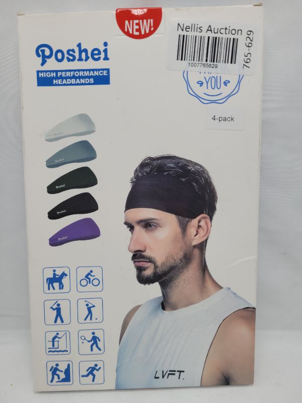 Photo 3 of poshei Mens Headband (4 Pack), Mens Sweatband & Sports Headband for Running, Cycling, Yoga, Basketball - Stretchy Moisture Wicking Hairband