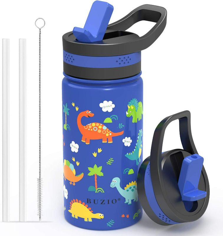 Photo 1 of BUZIO Insulated Water Bottle for Kids, Modern Vacuum Insulated Hydro Bottle with 2 Straw Lids, 14oz Double Walled Wide Mouth Sports Drink Flask with Blue Dinosaur Park, Simple Thermo Canteen Mug Cup