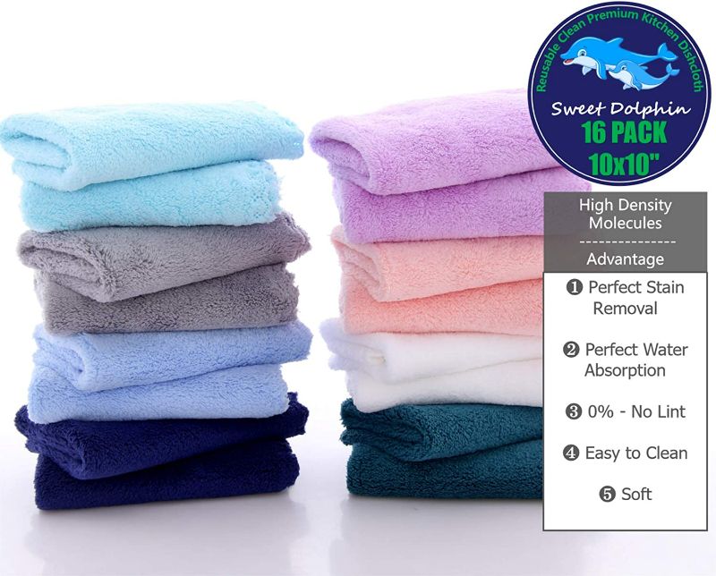 Photo 1 of SWEET DOLPHIN 16 Pack Soft Kitchen Dishcloths - 0% Shed Lint - No Odor Reusable Dish Towels, Premium Dish Cloths, Absorbent Coral Fleece Cleaning Wipes, No Water Mark (Square 10 x 10 inchs)