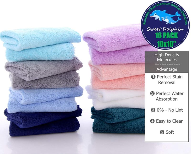 Photo 2 of SWEET DOLPHIN 16 Pack Soft Kitchen Dishcloths - 0% Shed Lint - No Odor Reusable Dish Towels, Premium Dish Cloths, Absorbent Coral Fleece Cleaning Wipes, No Water Mark (Square 10 x 10 inchs)