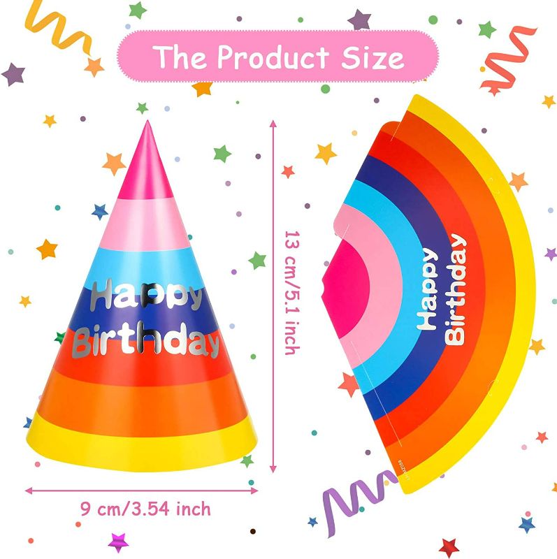 Photo 2 of (2 pack) Outus 20 Pieces Rainbow Party Hats Birthday Party Cone Hats Rainbow Birthday Hats for Kids Adults