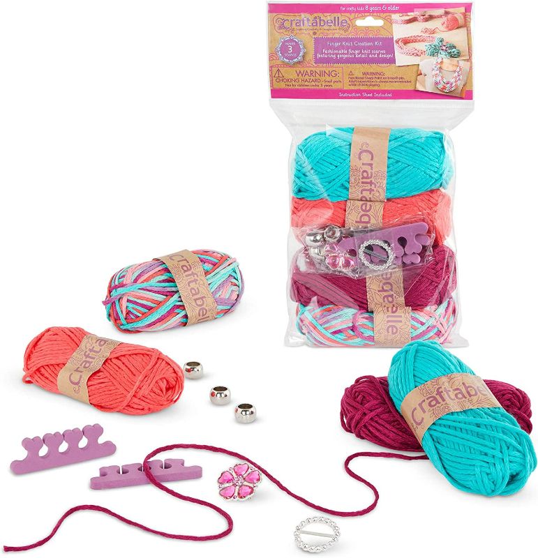 Photo 1 of Craftabelle – Finger Knit Creation Kit – Beginner Knitting Kit – 11pc Weaving Set with Yarn and Accessories – DIY Craft Kits for Kids Aged 8 Years +