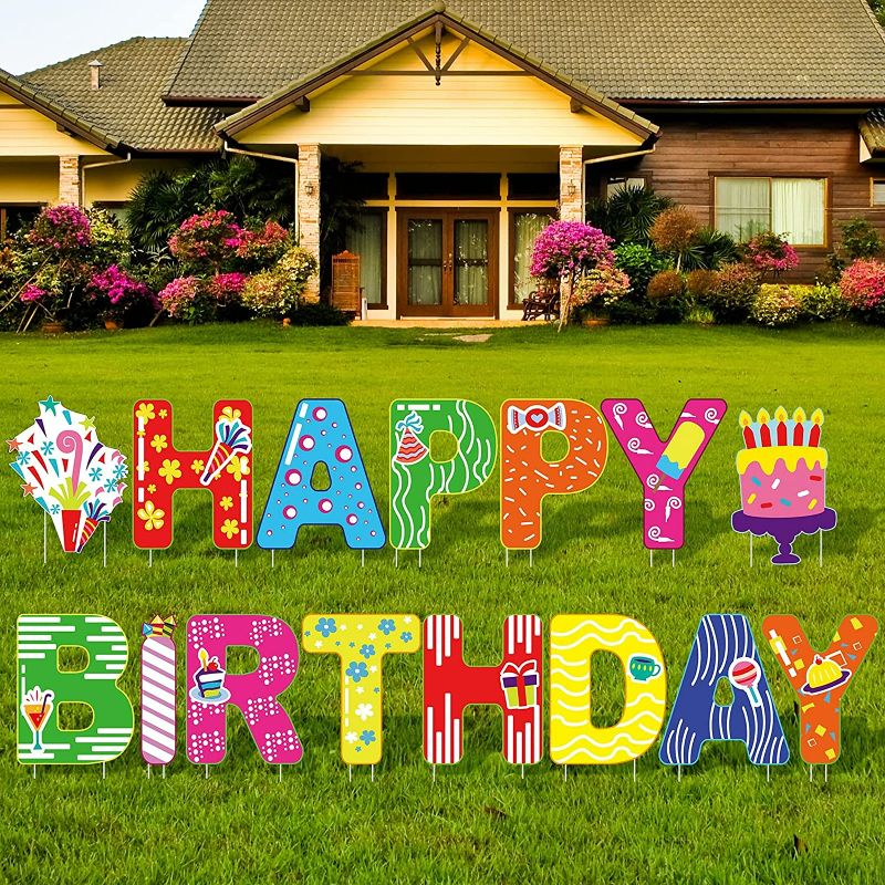 Photo 1 of URATOT 15 Pack Colorful Happy Birthday Yard Sign with Stakes Letter Cupcake Birthday Hat Happy Birthday Yard Sign Decorations Outdoor Lawn Decorations