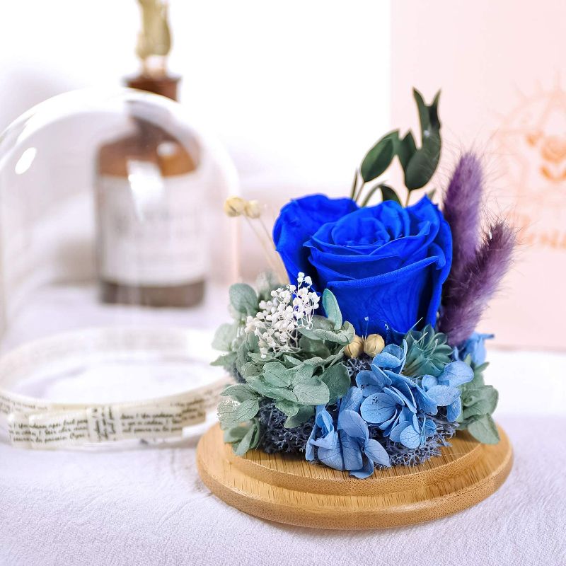 Photo 2 of KING DOO Preserved Flowers Rose for Women Mom Grandma Wife. Forever Eternal Blue Real Rose Gift Thanksgiving Christmas