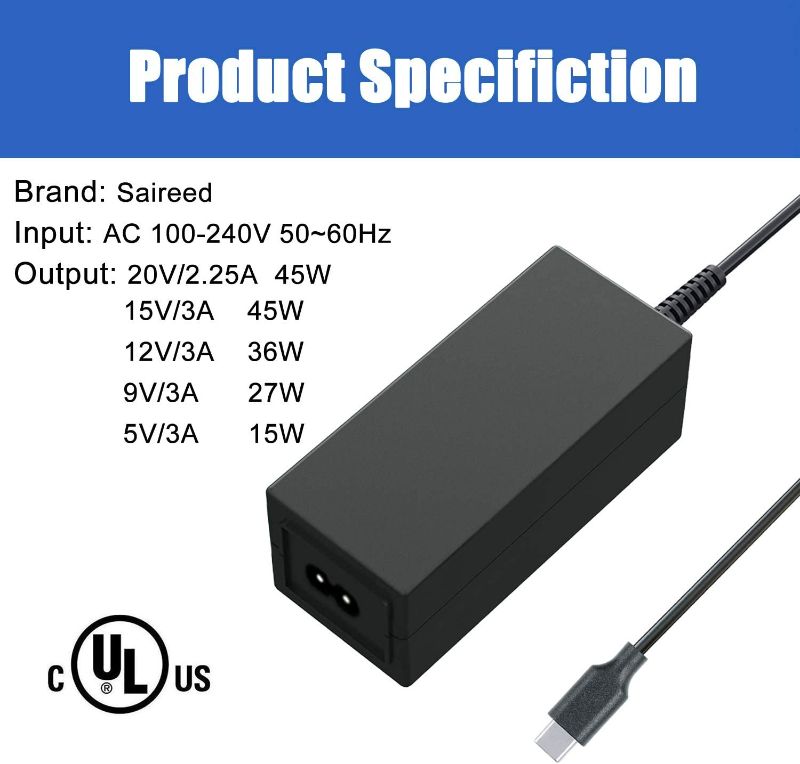 Photo 3 of UL Type C AC Charger for Lenovo Chromebook Duet 3-10IGL5 CB-11IGL05 CB-14IGL05 CB-11AST05 CB-11M735 Yoga C630 720 910 S940 Laptop Charger Power Supply USB-C USB C Adapter W/ 12Ft Cord