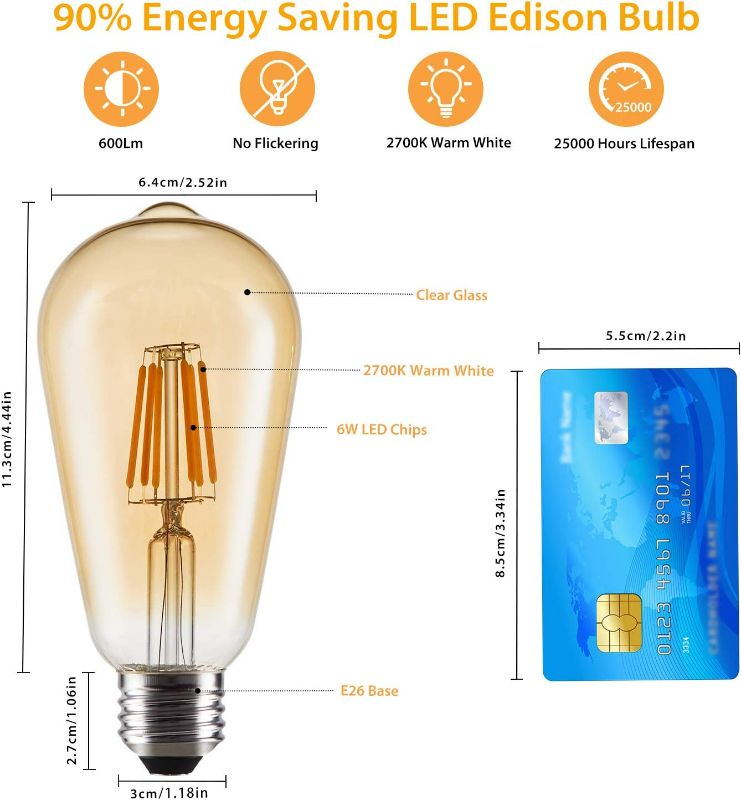 Photo 2 of OxyLED 8 Pack LED Edison Bulbs 60W Equivalent, 6W Vintage Style LED Filament Light Bulbs, E26 Medium Base, Non-Dimmable, Warm White 2700K, Antique ST64 Amber Glass Bulb for Bathroom Kitchen Christmas