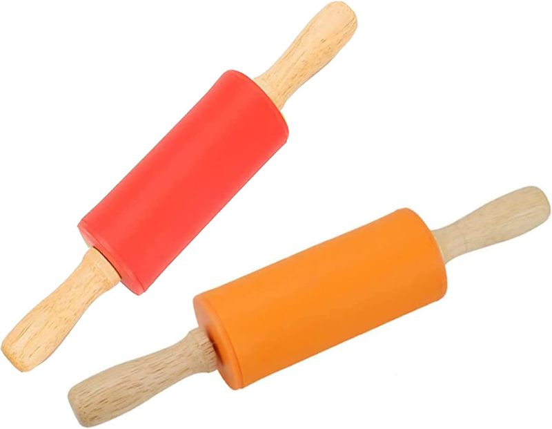 Photo 1 of (2 pack) Mini Silicone Rolling Pin for Kids,Non-stick Surface Wood Handle,9-inch 2 Pack