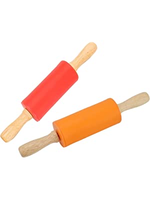 Photo 1 of (2 pack) Mini Silicone Rolling Pin for Kids,Non-stick Surface Wood Handle,9-inch 2 Pack