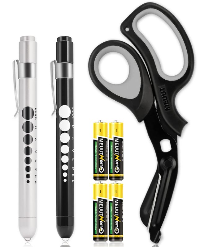 Photo 1 of MEUUT 3 Pack Medical Scissors and Penlights for Nurses –First Aid Kits with Two Medical Pen Lights Four Batteries, One 8 inches Ergonomical Bandage Scissors Trauma Shears for Medical Supplies