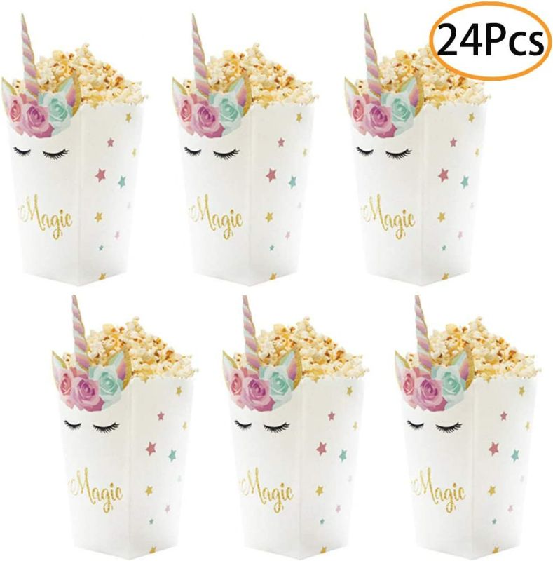 Photo 1 of MOHLX 24Pcs Unicorn Birthday Party Supplies Unicorn Popcorn Box Snack Treat Box Candy Cookie Container For Baby Shower, Bridal Shower, Unicorn Theme Party Favors Decoration