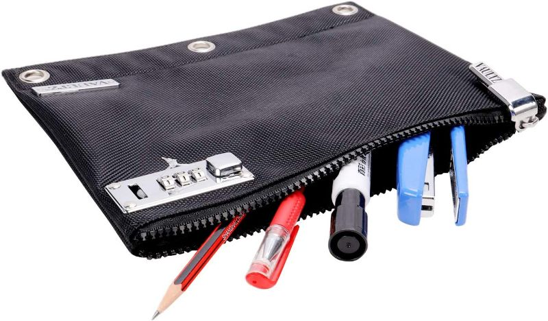 Photo 2 of Vaultz Locking Pencil Pouch for 3 Ring Binder - 8" x 10" Large Plastic 3 Hole Pencil Bag - Office or School Supply Holder with Zipper Lock, Black