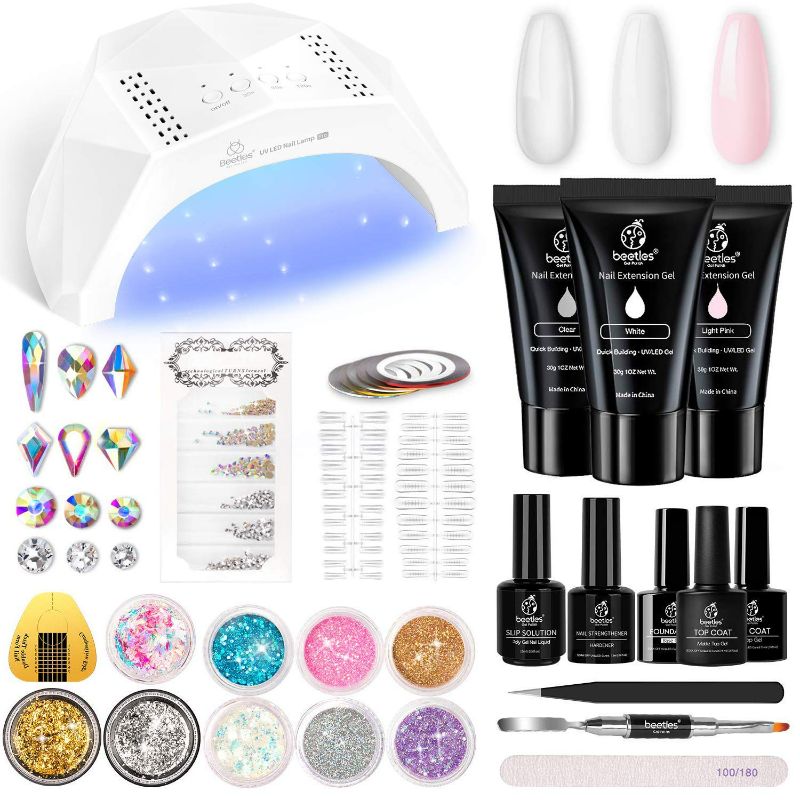 Photo 3 of Beetles Poly Extension Gel Nail Kit, 30g Nail Extension Gel with 48W Nail Lamp Slip Solution Nail Strengthener Rhinestone Glitter Nail Manicure Beginner Starter Kit Mother's Day Gift for Women