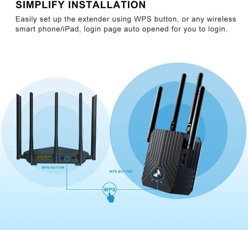 Photo 2 of Prescitech WiFi Range Extender X12, Covers Up to 1500 Sq Ft and 25 Devices with AC1200 Dual Band Wireless Signal Booster, Internet Repeater, Extends Wi-Fi to Home & Garden