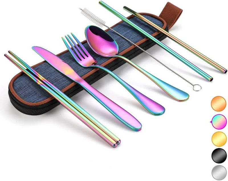 Photo 1 of Travel Utensils Silverware with Case, Camping Cutlery set,Chopsticks and Straw for Camping, Portable Flatware Cutlery Set with Case,Stainless steel Travel Utensil set 8 Piece S (BL-Rainbow)