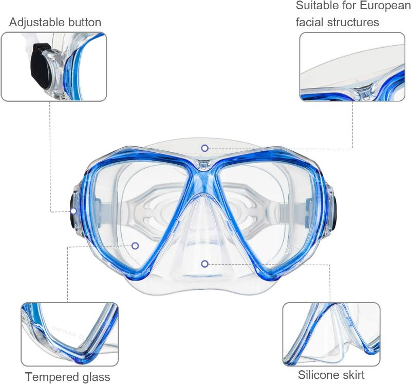 Photo 3 of Dorlle Snorkel Set Diving Mask with Anti-Fog Tempered Glass, Anti-Leak Dry Top Snorkel Mask, Easy Breathing and Adjustable Snorkeling Gear for Adults and Youth