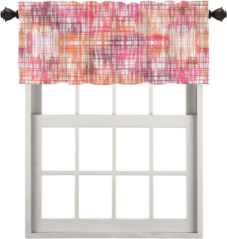 Photo 1 of BaoNews Watercolor Abstract Geometric Kitchen Valances for Windows,Pink Art Plaid Blackout Valances Curtains Multilayer Polyester Drapes for Kitchen Bedroom 1 Pack 52X18 Inches