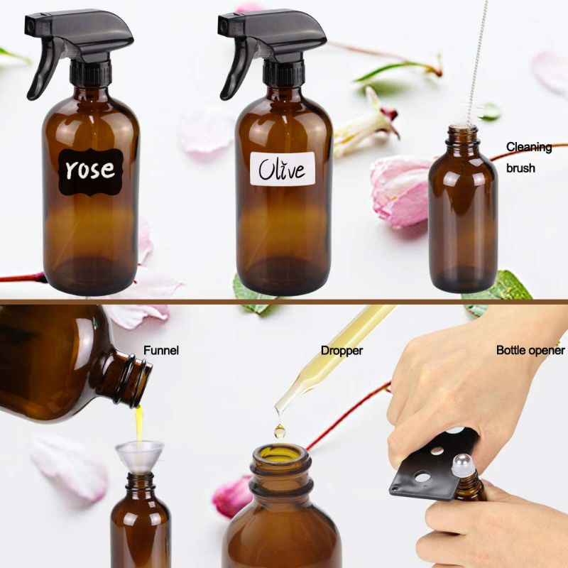 Photo 2 of Glass Spray Bottle, Wedama 10 Amber Glass Spray Bottle Set (2 16oz,2 4oz,6 2oz), 6 10 ml Essential Oil Roller Bottles Kits with Labels,for Aromatherapy Facial hydration Watering Flowers Hair Care