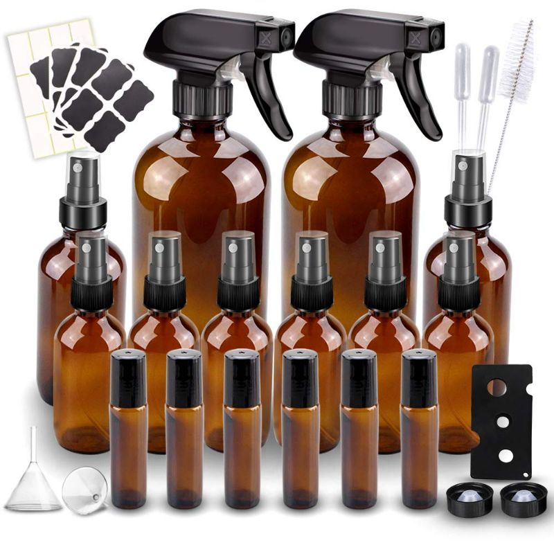 Photo 1 of Glass Spray Bottle, Wedama 10 Amber Glass Spray Bottle Set (2 16oz,2 4oz,6 2oz), 6 10 ml Essential Oil Roller Bottles Kits with Labels,for Aromatherapy Facial hydration Watering Flowers Hair Care