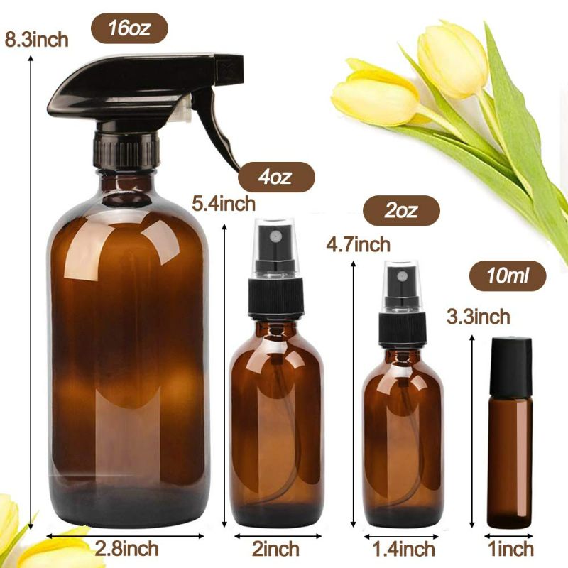 Photo 3 of Glass Spray Bottle, Wedama 10 Amber Glass Spray Bottle Set (2 16oz,2 4oz,6 2oz), 6 10 ml Essential Oil Roller Bottles Kits with Labels,for Aromatherapy Facial hydration Watering Flowers Hair Care