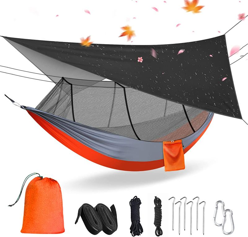 Photo 1 of Sotech Camping Hammock with Bug Net and Rainfly, Waterproof Tree Hammock Tent 2 Person, Portable Hammock Set with Tree Straps for Indoor, Outdoor Hiking, Travel, Backpacking, Max Load 660lbs, Orange