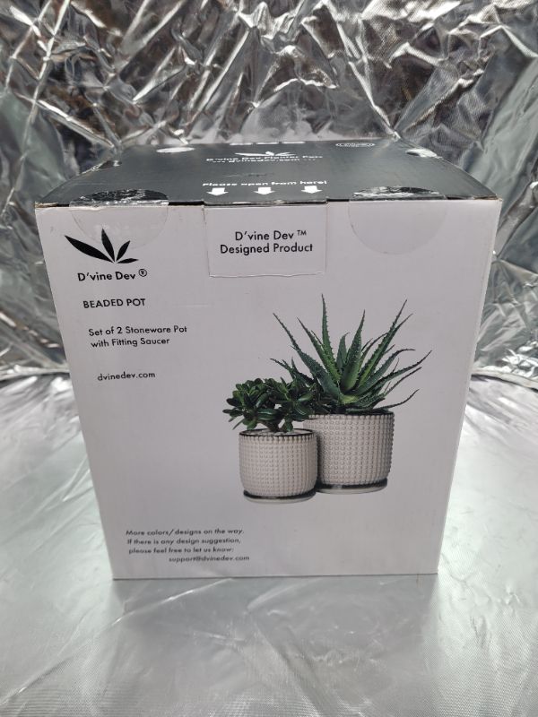 Photo 4 of Set of 2, 6 Inch & 4 Inch Ceramic Indoor Planter Pots with Drainage Hole and Saucer, Beaded Design Flower Pots, Smoked White, 27-H-K2-A-4