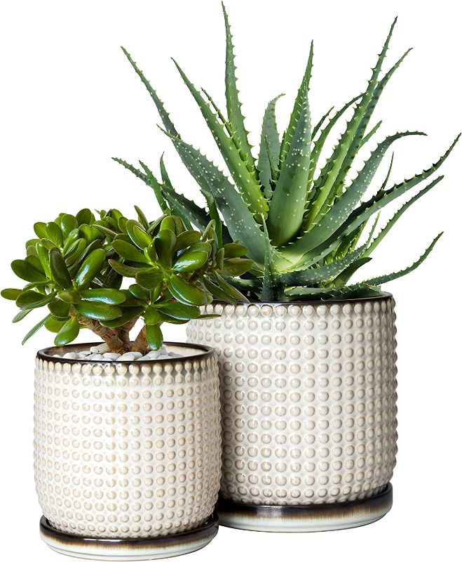 Photo 1 of Set of 2, 6 Inch & 4 Inch Ceramic Indoor Planter Pots with Drainage Hole and Saucer, Beaded Design Flower Pots, Smoked White, 27-H-K2-A-4