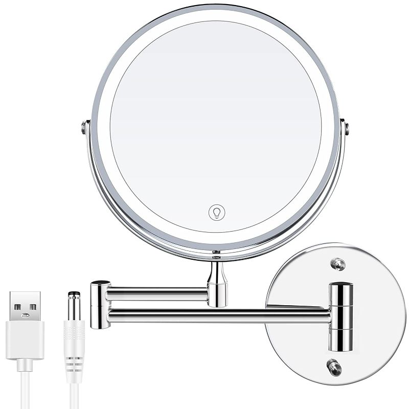 Photo 1 of BRIGHTINWD Wall Mounted Makeup Mirror with 3 Dimmable Lights Stainless Steel 10X Makeup Mirror with Lights and Magnification USB Rechargeable